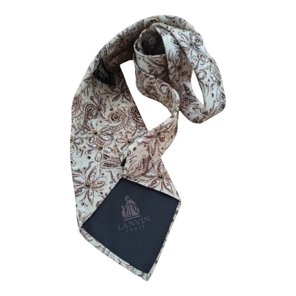 LANVIN Beige Floral Silk Tie FRANCE 58